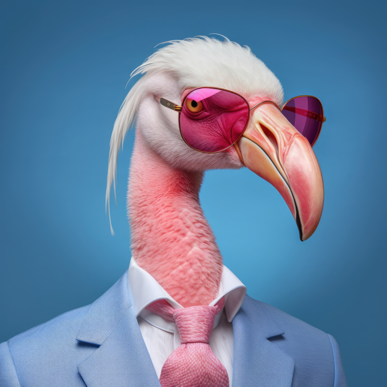 Choose the right franchise with hattch. A photo of a bird posing as an entrepreneur wearing a blue business suit and pink sunglasses.