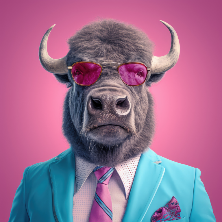 Choose the right franchise with hattch. A photo of a bison posing as an entrepreneur wearing a blue business suit and pink sunglasses.