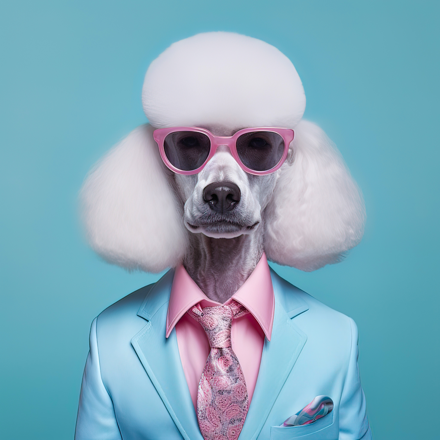 Choose the right franchise with hattch. A photo of a poodle posing as an entrepreneur wearing a blue business suit and pink sunglasses.