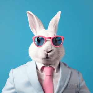 Choose the right franchise with hattch. A photo of a rabbit posing as an entrepreneur wearing a blue business suit and pink sunglasses.