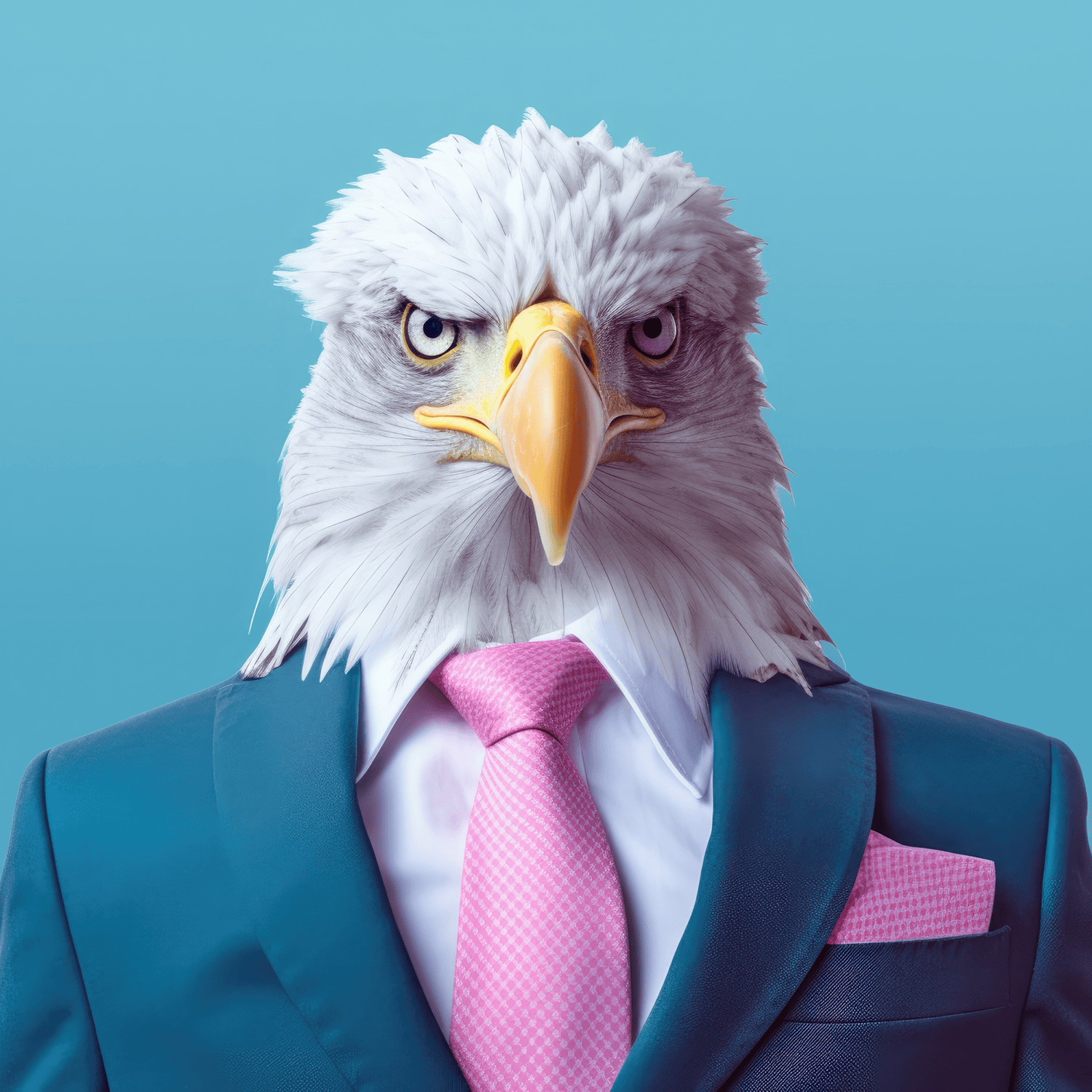 Choose the right franchise with hattch. A photo of an eagle posing as an entrepreneur wearing a blue business suit.