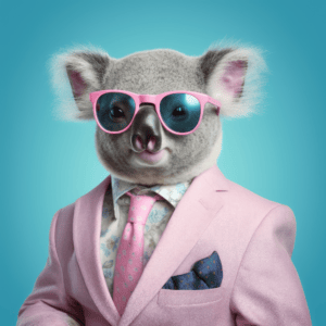 Choose the right franchise with hattch. A photo of a koala posing as an entrepreneur wearing a pink business suit and pink sunglasses.