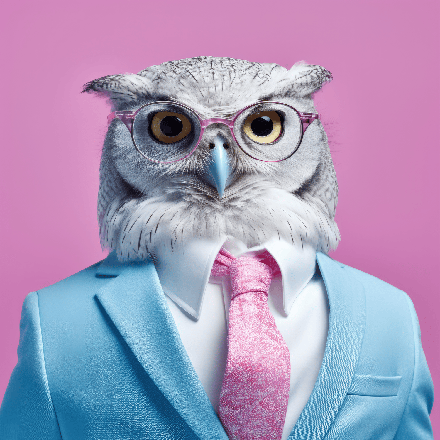 Choose the right franchise with hattch. A photo of an owl posing as an entrepreneur wearing a blue business suit and pink glasses.