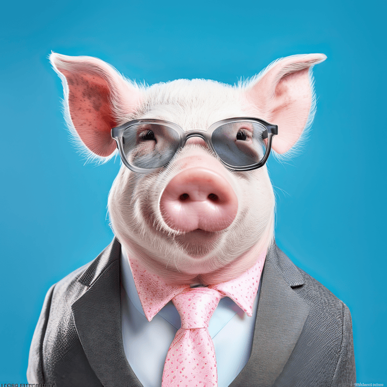 Choose the right franchise with hattch. A photo of a pig posing as an entrepreneur wearing a grey business suit and sunglasses.