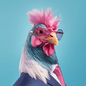 Choose the right franchise with hattch. A photo of a rooster posing as an entrepreneur wearing a blue business suit and sunglasses.