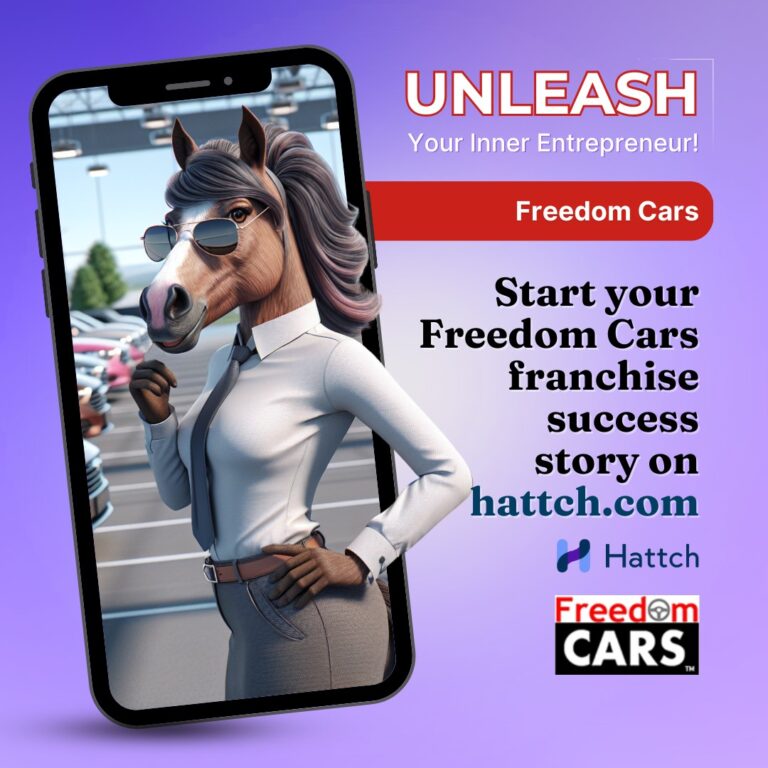 Hattch Businesses for Sale— Illustration of a horse character in business attire on a phone screen, promoting "Freedom Cars" franchise business for sale on hattch.com.