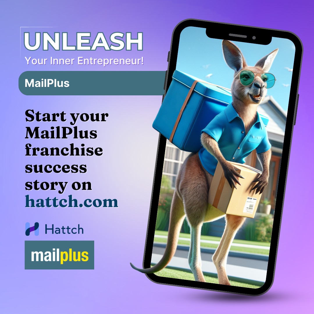 Hattch Businesses for Sale— A kangaroo delivering packages pops out of a smartphone screen, with text inviting you to explore Franchise Business for Sale opportunities with MailPlus on hattch.com.